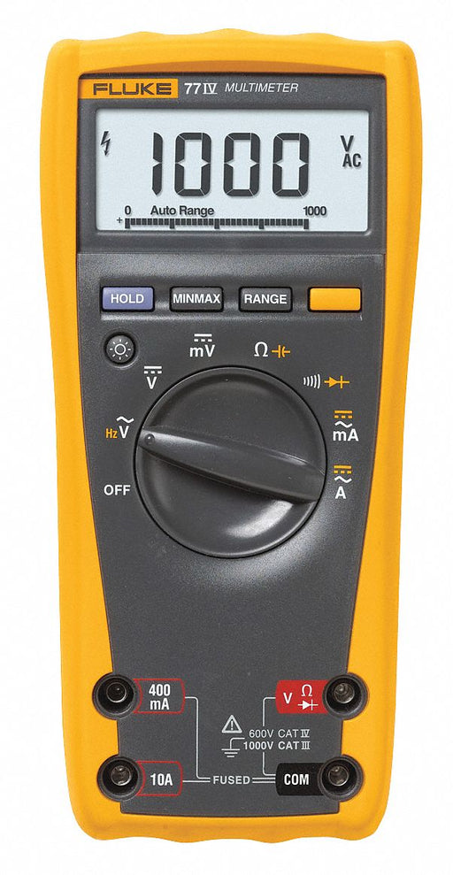 Fluke FLUKE-77-4/CWG Digital Multimeter, Avg, CAT IV 600V, 1, 000 V Max AC Volt Measurement, 6, 000 Instrument Counts