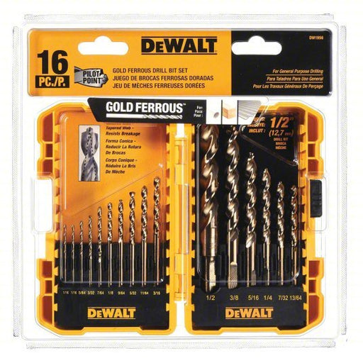 DeWalt DW1956 Jobber Length Drill Set 1/16 in Smallest Drill Bit Size, 1/2 in Largest Drill Bit Size - Redwood.KV1UG92