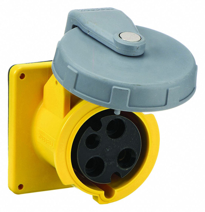 Hubbell HBL3100R4W Pin and Sleeve Receptacle, Yellow, 125V AC, Single Phase, 100 A, 2 Pole, 3 Wire