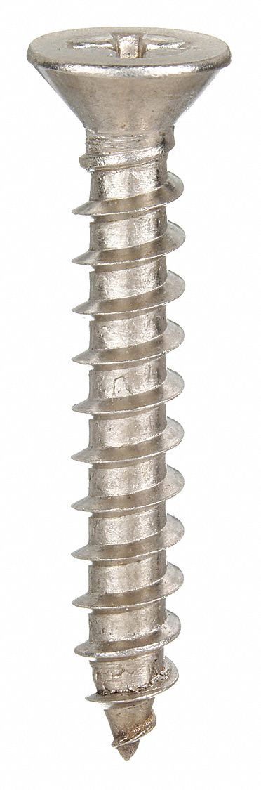 Approved Vendor U51680.019.0125 Sheet Metal Screw, #10 Size, 1 1/4 in Lg, Stainless Steel, Plain, Phillips, Flat, 100 PK