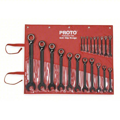 Proto JSCV-20S Combination Wrench Set Alloy Steel, Black Chrome, 20 Tools, Offset, Reversing, Tool Roll