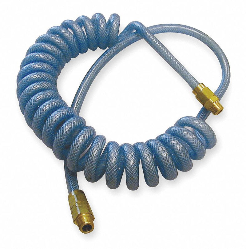 ATP PBS38-15CB2 Coiled Air Hose, 3/8 in ID x 12 ft, Polyurethane, Blue, Brass 3/8 in MNPT x MNPT, 210 psi