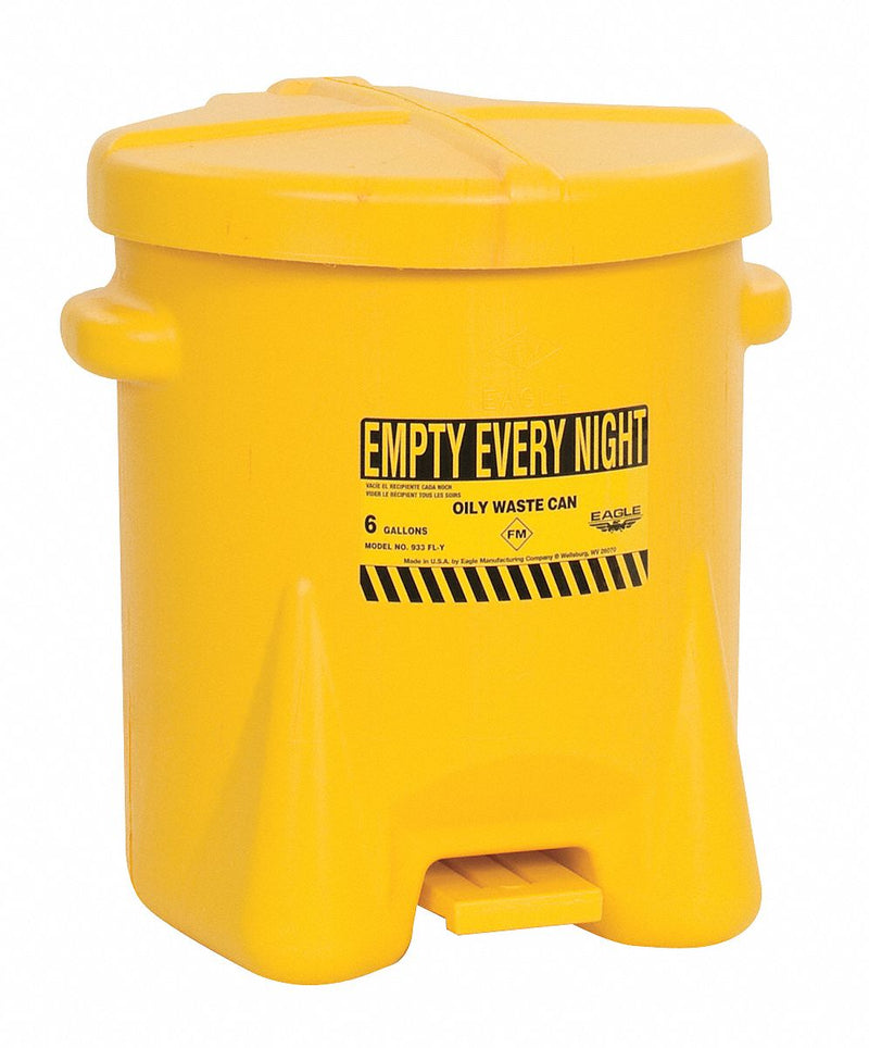 Eagle 933FLY Oily Waste Can, 6 gal Capacity, Yellow, Foot Operated Self-Closing, Polyethylene