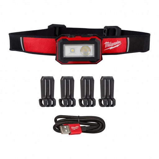 Milwaukee 2012R Rechargeable Headlamp, Rechargeable, 450 lm Max. Brightness, 14 hr Max Run Time, Black/Red