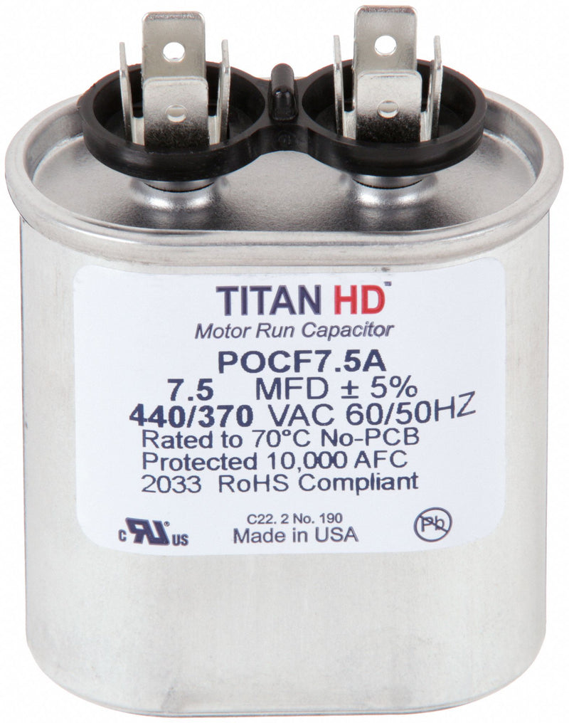 Titan HD POCF7.5A Motor Run Capacitor 7.5 MFD 440/370V Oval