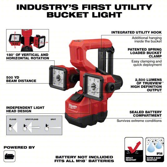 Milwaukee 2122-20 Cordless Work Light M18™, Bare Tool, 2,500 lm Max., 3 Modes