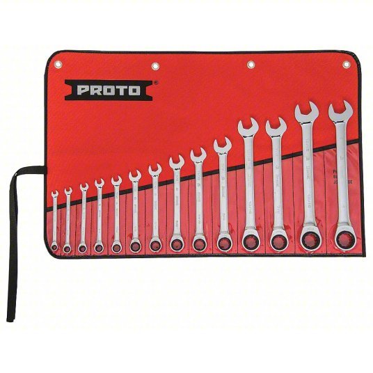 Proto JSCRT-14S Combination Wrench Set Alloy Steel, Chrome, 14 Tools, 1/4 in to 1 in Range of Head Sizes, Std