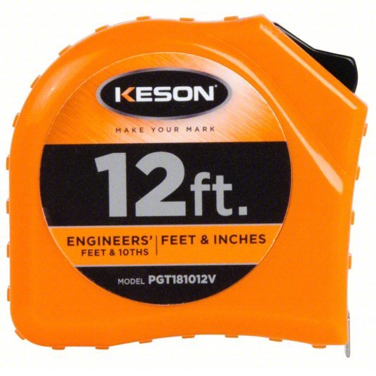 Keson PGT181012V Tape Measure Inch/Engineer's Scale, Nonmagnetic Single Hook Tip, Plastic, 12 ft, Narrow Blade