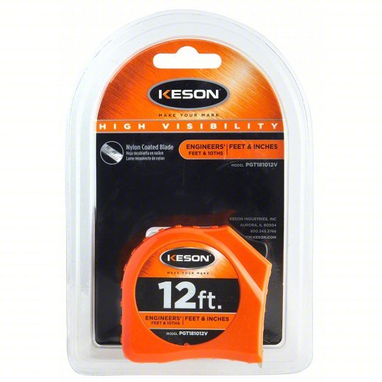 Keson PGT181012V Tape Measure Inch/Engineer's Scale, Nonmagnetic Single Hook Tip, Plastic, 12 ft, Narrow Blade
