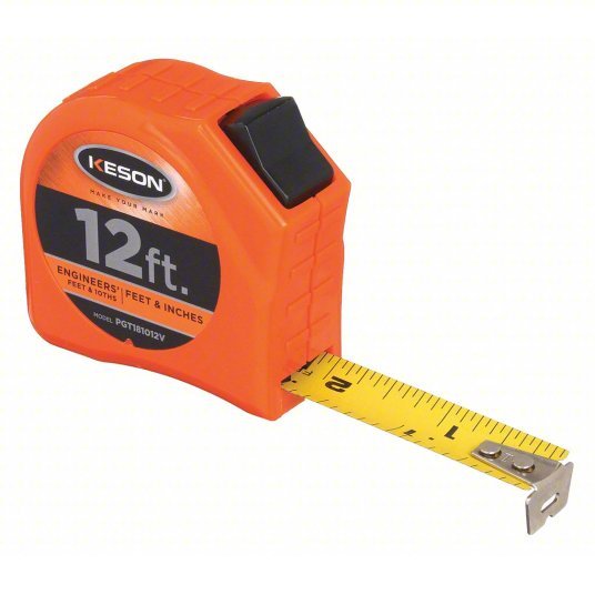 Keson PGT181012V Tape Measure Inch/Engineer's Scale, Nonmagnetic Single Hook Tip, Plastic, 12 ft, Narrow Blade