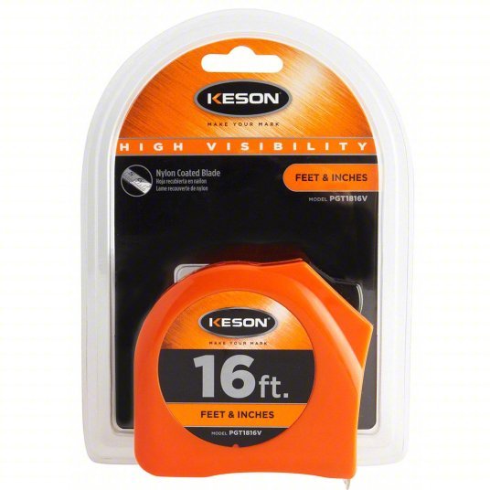 Keson PGT1816V Tape Measure Inch, Nonmagnetic Single Hook Tip, Plastic, 16 ft, 8 ft Standout Lg, Std Blade