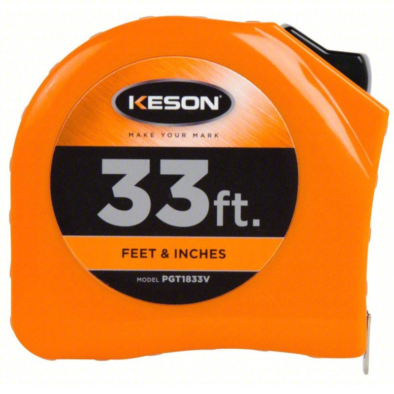Keson PGT1833V Tape Measure Inch, Nonmagnetic Single Hook Tip, Plastic, 33 ft, 8 ft Standout Lg, Std Blade