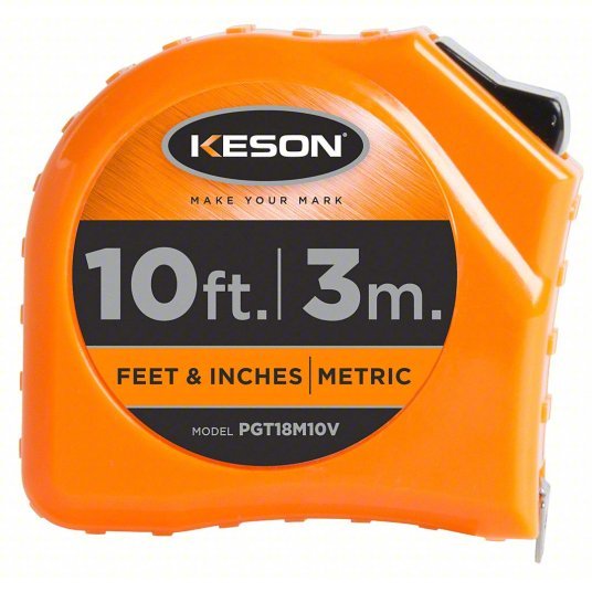 Keson PGT18M10V Tape Measure Inch/Metric, Nonmagnetic Single Hook Tip, Plastic, 10 ft / 3 m, 5 ft Standout Lg