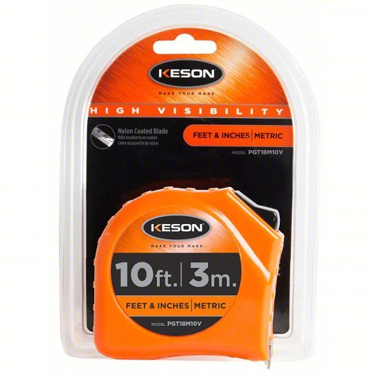 Keson PGT18M10V Tape Measure Inch/Metric, Nonmagnetic Single Hook Tip, Plastic, 10 ft / 3 m, 5 ft Standout Lg