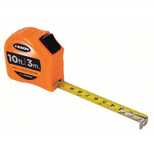 Keson PGT18M10V Tape Measure Inch/Metric, Nonmagnetic Single Hook Tip, Plastic, 10 ft / 3 m, 5 ft Standout Lg