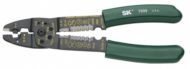 SK 7699 Crimper w/Die, Manual, 22 AWG to 10 AWG, 22 to 10 AWG, 8 1/2 in Overall Lg, Cut/Screw Shear, 7699