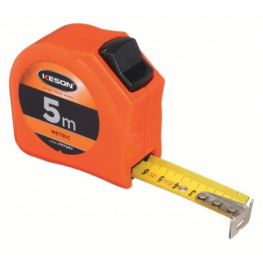 Keson PGT5MV Tape Measure Metric, Nonmagnetic Single Hook Tip, Plastic, 5 m, 8 ft Standout Lg, Std Blade