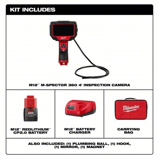 Milwaukee 2323-21 Inspection Camera 480 x 272, 4 ft Shaft Lg, 0.32 in Shaft Dia, 10 mm Camera Dia, Fixed