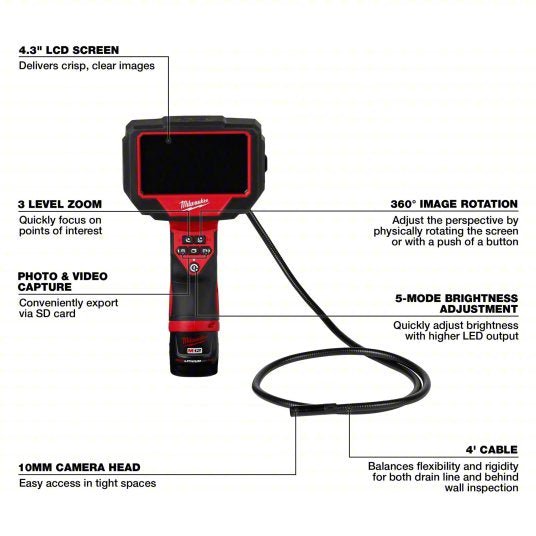 Milwaukee 2323-21 Inspection Camera 480 x 272, 4 ft Shaft Lg, 0.32 in Shaft Dia, 10 mm Camera Dia, Fixed
