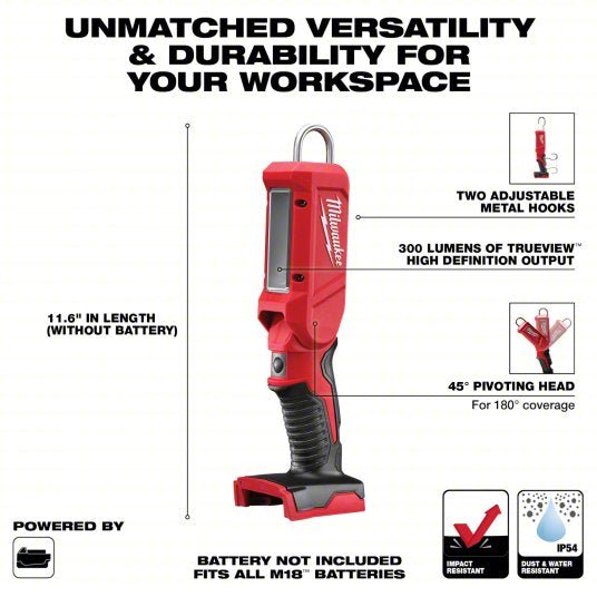 Milwaukee 2352-20 Cordless Stick Light M18, Bare Tool, 300 lm Max., 2 Modes, Hang Hook, Bare Tool