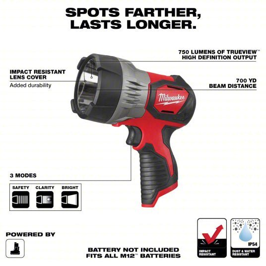 Milwaukee 2353-20 Cordless Flashlight: M12, Bare Tool, 750 lm Max., 3 Modes, Hand Held, Bare Tool