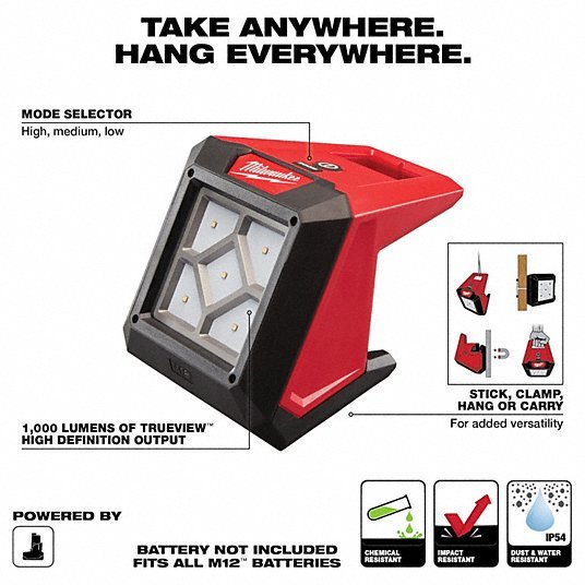 Milwaukee 2364-20 Work Light M12™, Work Light, 1,000 lm Max., 3 Modes, 5 3/4 in Max. Ht, 12V DC