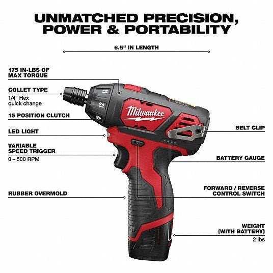 Milwaukee 2401-22 Screwdriver Kit 1/4 in Drive Size, 0 in-lb to 175 in-lb, 0 in-lb Torque - Min, Brushed