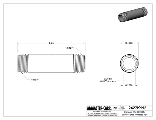 McMaster 2427K112 Standard-Wall 304/304L Stainless Steel Threaded Pipe Threaded on Both Ends, 1/8 BSPT x NPT, 1-1/2" Long