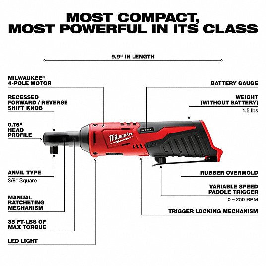 Milwaukee 2457-21 Ratchet 35 ft-lb Fastening Torque, 35 ft-lb Torque - Max, 250 RPM No Load Speed, Brushed
