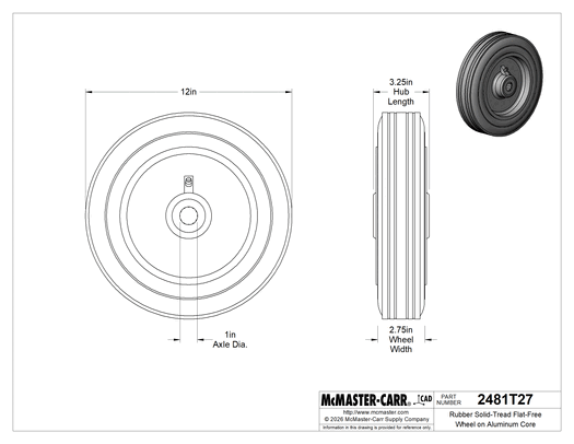 McMaster 2481T32 Rubber Solid-Tread Flat-Free Wheel on Aluminum Core, Center-Mount Hub with Roller Bearing, 12" Diameter × 2-3/4" Wide