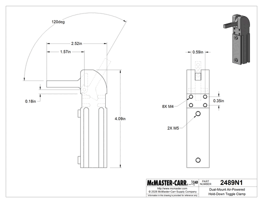 McMaster 2489N1 Dual-Mount Air-Powered Hold-Down Toggle Clamp, 220 lbs. Holding Capacity