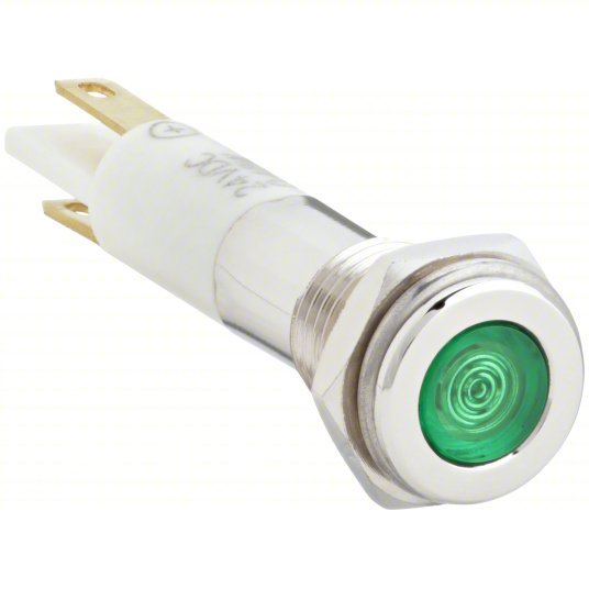 Redwood RW24M067 Flat Indicator Light Green, Male .110 Connector, LED, 24V DC, Brass Plated Chrome/LED/Plastic (ABS)