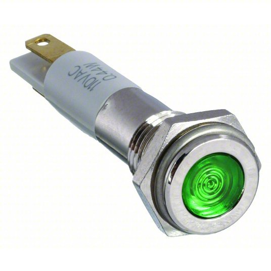Redwood RW24M067 Flat Indicator Light Green, Male .110 Connector, LED, 24V DC, Brass Plated Chrome/LED/Plastic (ABS)