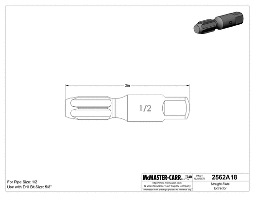McMaster 2562A18 Straight-Flute Extractor for 1/2 Pipe Size