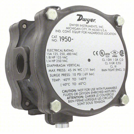 Dwyer 1950-00-2F Pressure Switch Adj, SPDT, 1/8 in Sample Line Connection Size, NPT, 1/8 in NPT