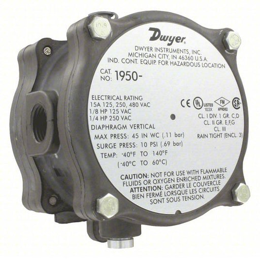Dwyer 1950-00-2F Pressure Switch Adj, SPDT, 1/8 in Sample Line Connection Size, NPT, 1/8 in NPT
