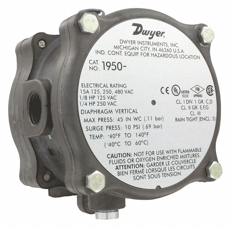 Dwyer 1950-0-2F Pressure Switch 1950-0-2F, 15, Adj, 0.15 in wc to 0.5 in wc, NEMA-3 Enclosure, SPDT, NPT, 1/8 in NPT