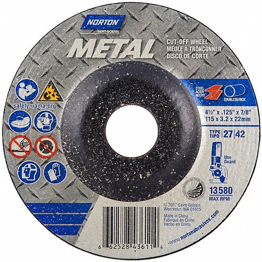 Norton 66252843611 Cut-Off & Grinding Wheel Type 27, 4 1/2" x 1/8" x 7/8", Aluminum Oxide, 24 Grit, Metal