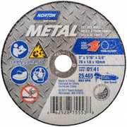Norton 66252835553 Abrasive Cut-Off Wheel Type 1, 3 in x 1/16 in x 3/8 in, Aluminum Oxide, 36 Grit, Metal