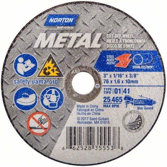 Norton 66252835553 Abrasive Cut-Off Wheel Type 1, 3 in x 1/16 in x 3/8 in, Aluminum Oxide, 36 Grit, Metal