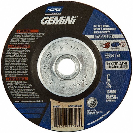 Norton 66252842027 Depressed Center Cut-Off Wheel: Type 27, 4 1/2 in x 3/32 in x 5/8"-11, Aluminum Oxide
