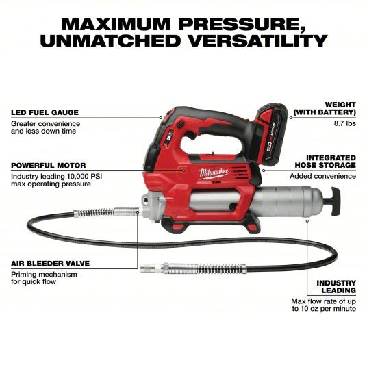 Milwaukee 2646-21CT Cordless Grease Gun 18 V Battery Volt, Battery Included, 10 fl oz Volume Per Min., Li-Ion