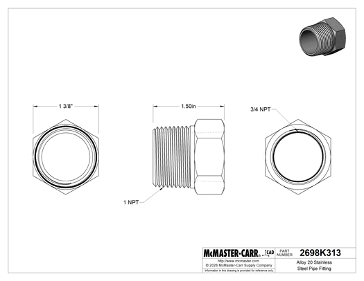 McMaster 2698K313 Alloy 20 Stainless Steel Pipe Fitting Medium-Pressure, Bushing Adapter, 1 Male x 3/4 Female