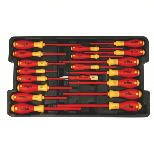 Wiha 32095 Insulated Screwdriver Set 19 Pieces, Phillips/Slotted/Square Tip, Ergonomic Grip, Molded Tray
