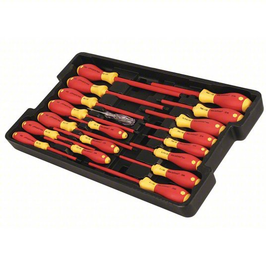 Wiha 32095 Insulated Screwdriver Set 19 Pieces, Phillips/Slotted/Square Tip, Ergonomic Grip, Molded Tray
