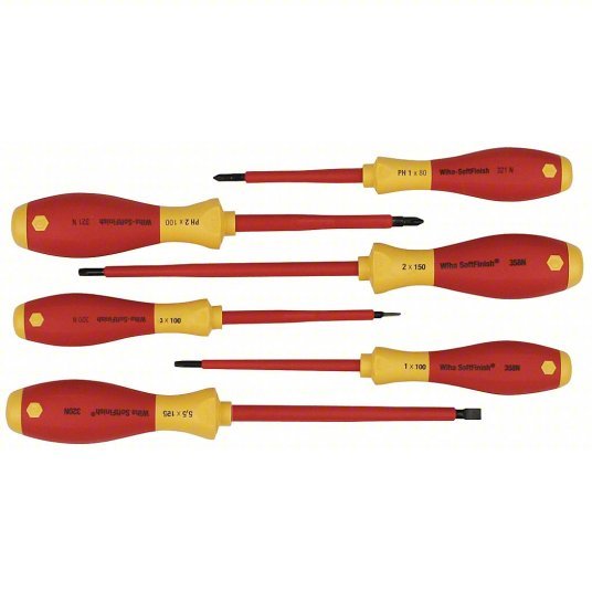 Wiha 35891 Insulated Screwdriver Set 6 Pieces, Phillips/Slotted/Square Tip, 1/8 in/7/32 in Tip Size