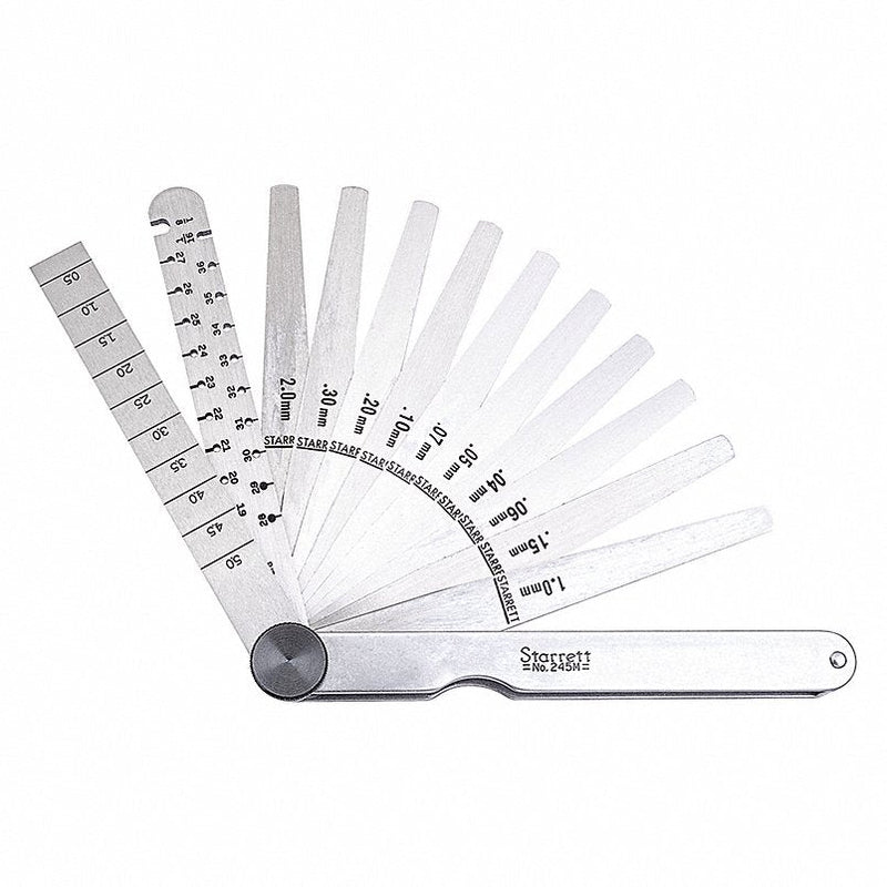 Starrett 245M Feeler Gauge Set with Wire & Taper Gauges: Metric, 11 Feeler Blades, 120 mm Blade Lg