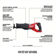 Milwaukee 2722-20 Reciprocating Saw 1 1/4 in Stroke Lg, 3,000 Max. Strokes per Minute, Orbital, Brushless Motor, 18 V