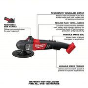 Milwaukee 2738-20 Cordless Polisher M18, Bare Tool, 7 in Backing Pad, Rotary, Hook and Loop, Variable Speed