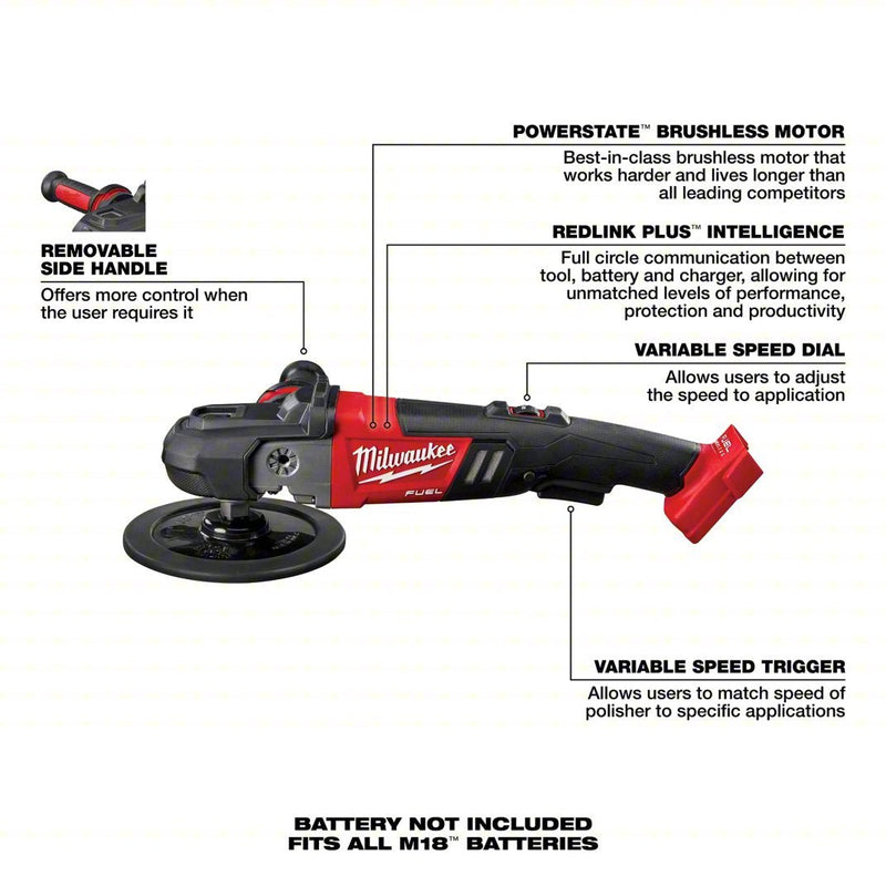 Milwaukee 2738-20 Cordless Polisher M18, Bare Tool, 7 in Backing Pad, Rotary, Hook and Loop, Variable Speed